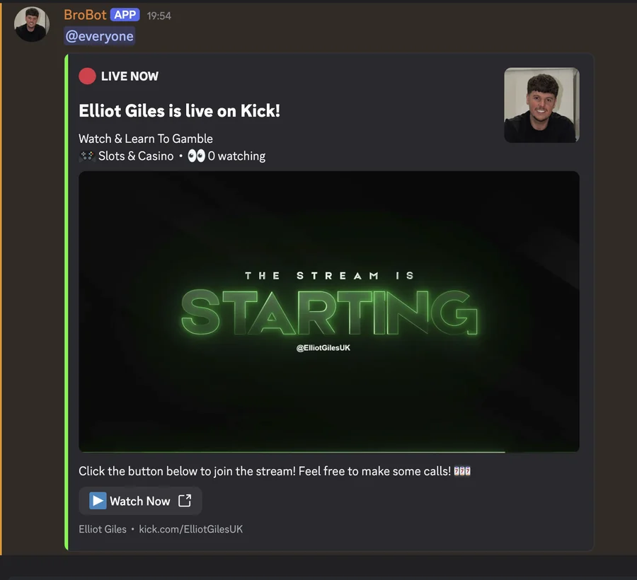 BroBot live stream post in Discord showing the stream title, category, viewers and a Watch Now button